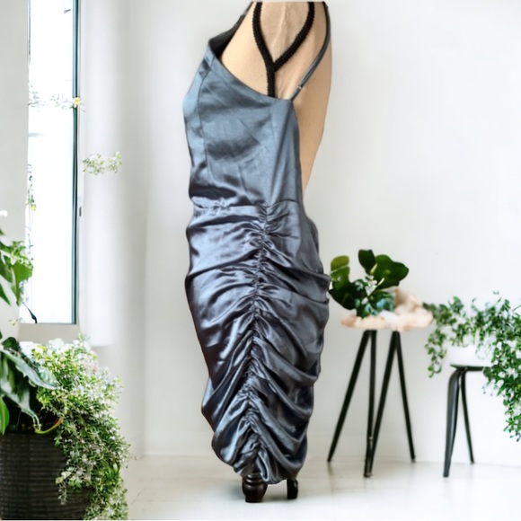 Line and Dot Reveal Collection Steele Blue Open Back Satin Dress - Picture 8 of 12